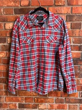 Cody James mens plaid pearl snap western shirt red/blue XL